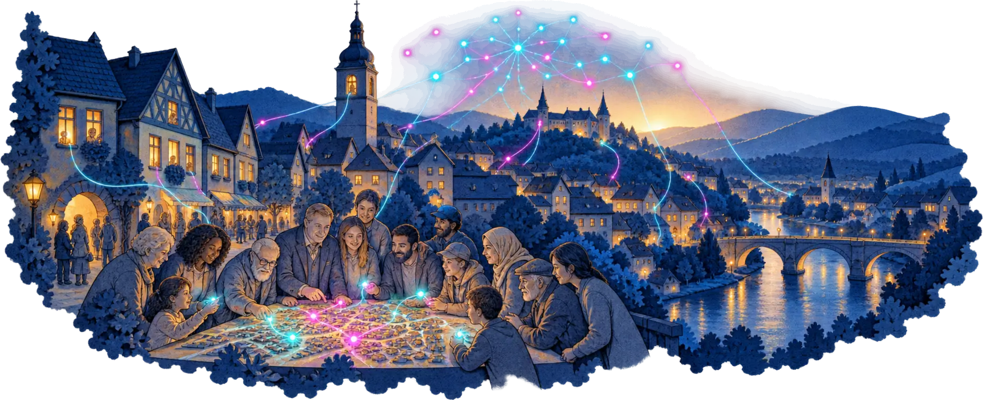 People of all ages around a map of their town at night, joined by threads of light