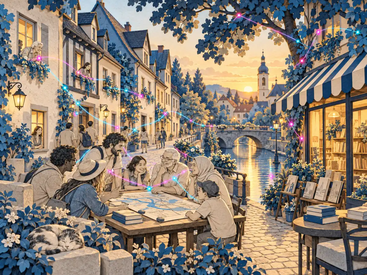 The same street in 2032 by choice: shade, water, an open bookshop, people around a shared map