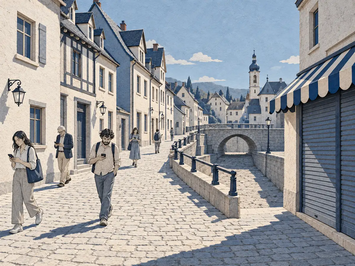The same street in 2032 by default: heat, a closed bookshop, people on their phones