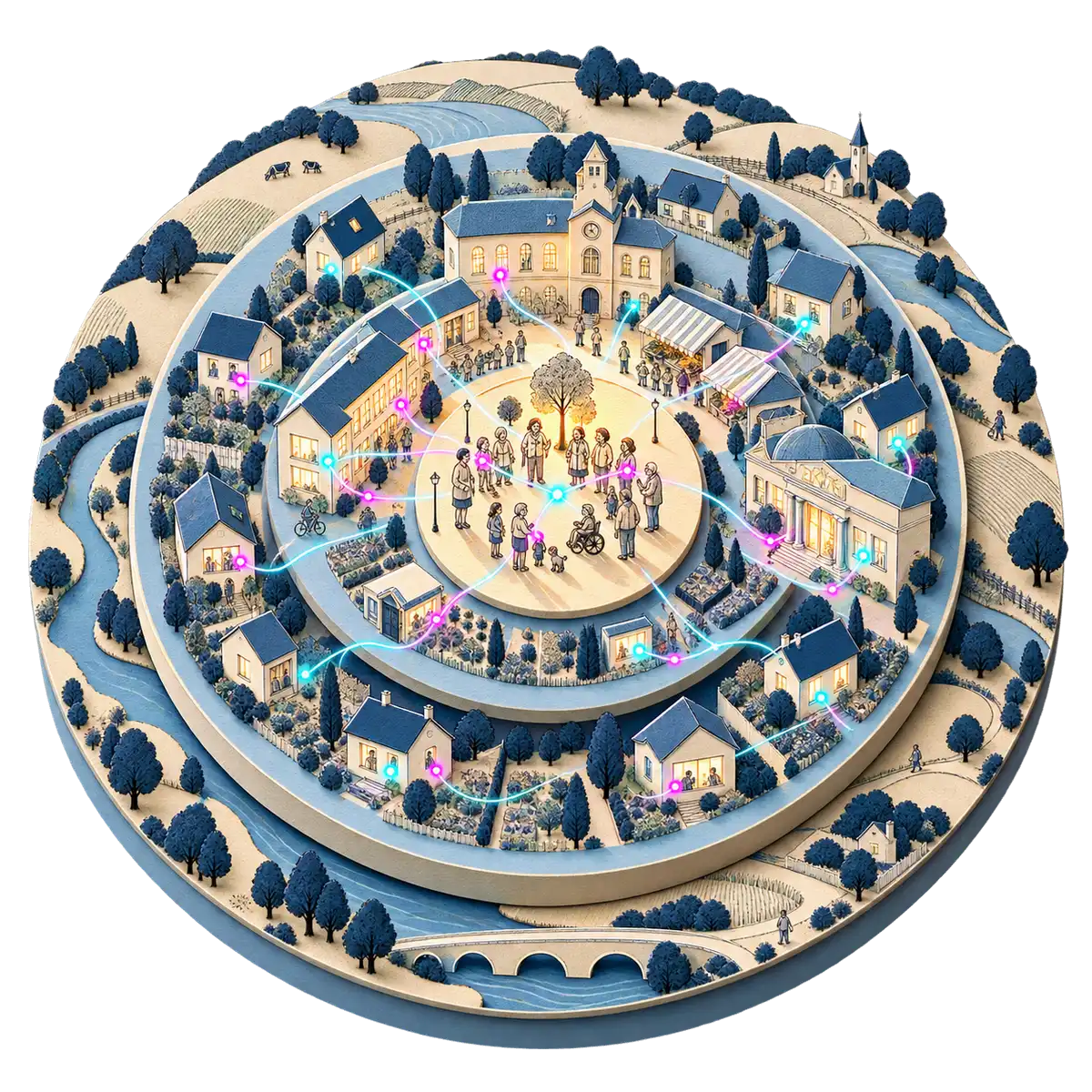 A city seen from above as four nested rings, from the outskirts to a central square with people