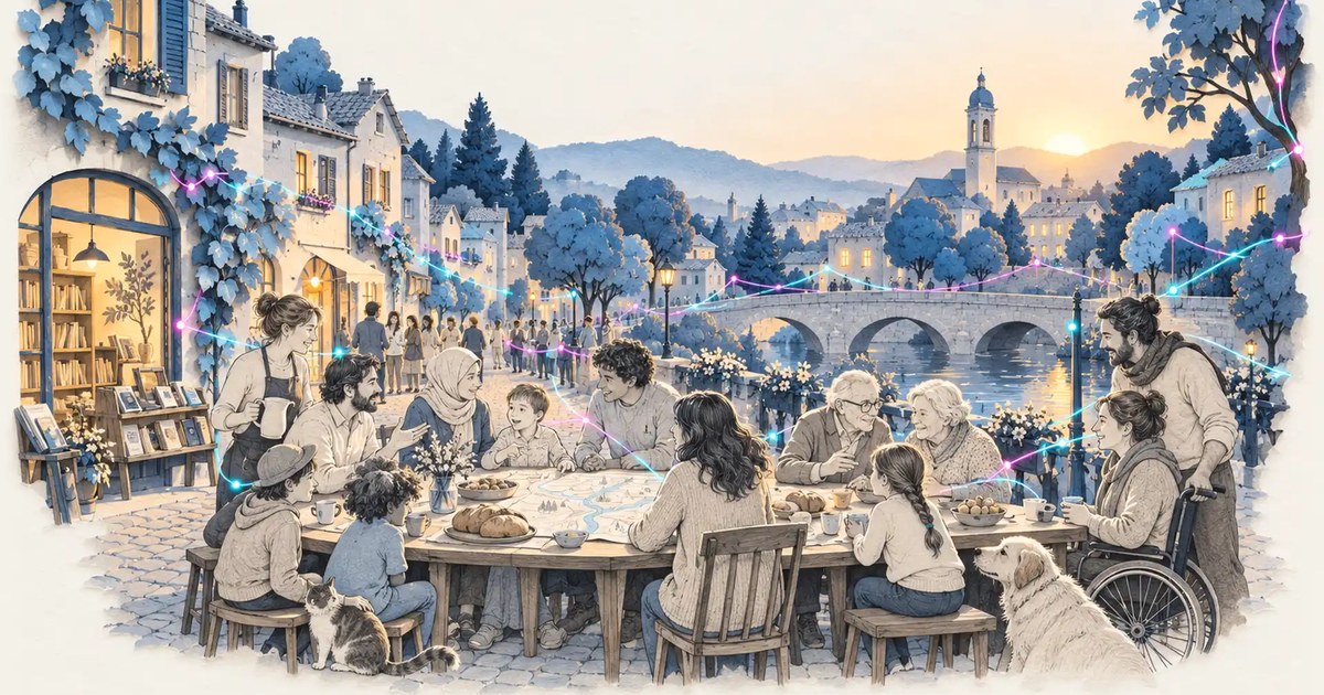 Illustration for the white paper Cities After AI: people around a long table in a town by a river